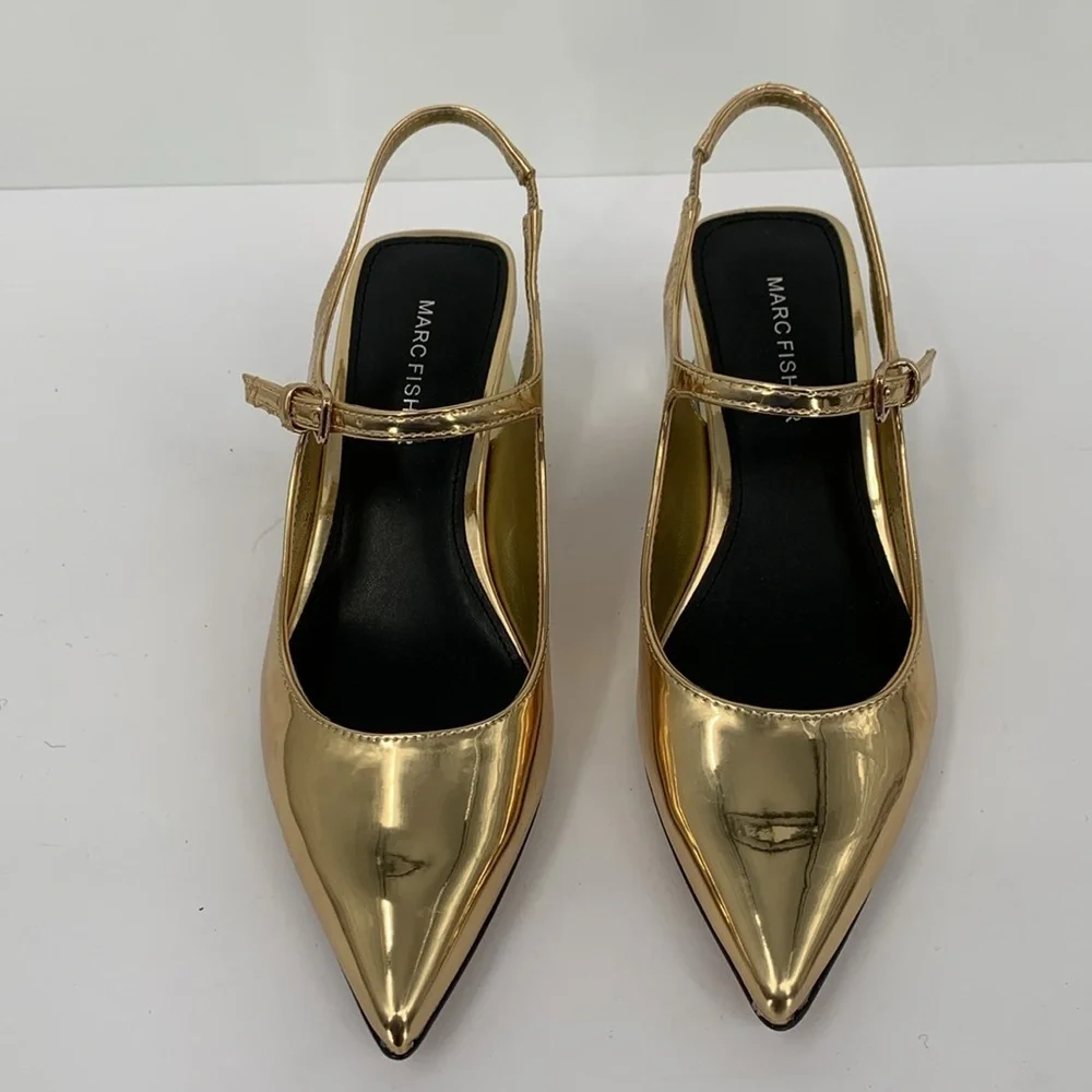 Marc Fisher Luminos slingback maryjane pump shoe mirror metallic strap gold 6